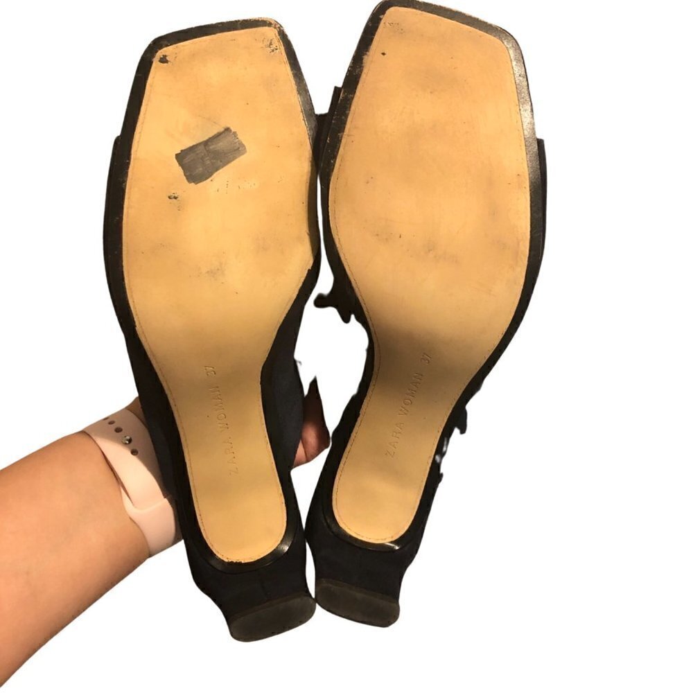 ZARA WOMAN Mule Heels Women's Size 6.5 Blue Square Toe Slip On  Faux Suede - Picture 2 of 12